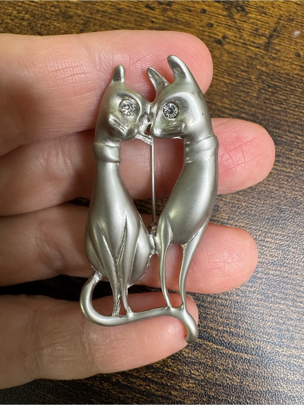 Vintage Silver Cat Duo Brooch with Rhinestone Eyes